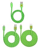 3 PACK 3ft/6ft/10ft Durable Braided Flat Noodle Lightning USB SYNC Cable Charger Cord for iPhone 5 / 5C / 5S / 6 / 6 Plus (Latest IOS Supported) iPad Mini iPod Touch 5th Air Gen(green)