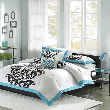 White Teal Black Teen Girls Queen Comforter Shams Toss