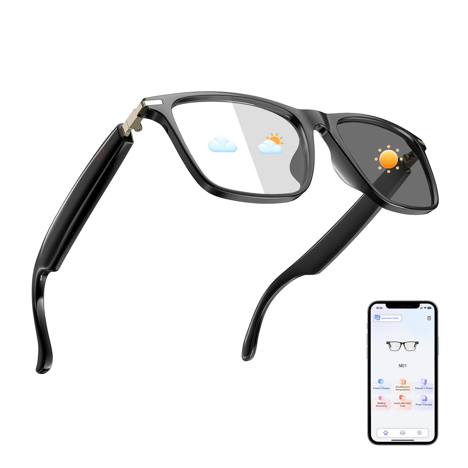 Photo 1 of AI Translation Glasses, Support 169 Languages Real-Time Translation Powered By APP, Open-Ear Sound Mic & Speakers, Color-Change Lens Translator with Noise Reduction, AI Smart Glasses for Men & Women