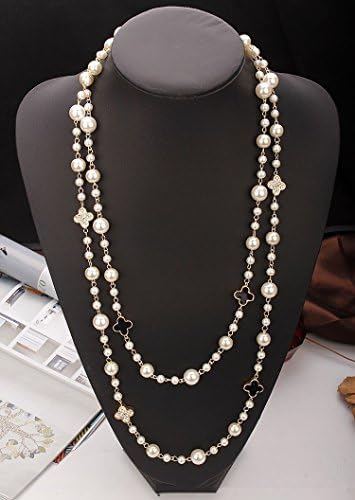 SeaIsee Camellia Pearls Rhinestone Four Leaf Clovers Double Chain Necklace Women Long Sweater Chain choker