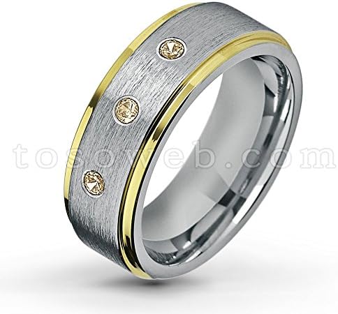 Men's 0.21ctw Smokey Quartz 3-Stone Weddinngs Band, November Birthstone Tungsten Ring, 2-Tone Brushed Center Stepped Yellow Gold Plated Edge Tungsten Carbide Anniversary Ring-s14