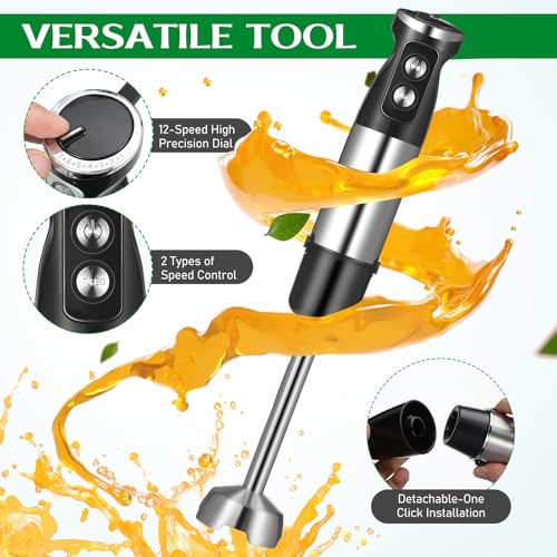 Batidora de Inmersión 5 en 1, Batidora de Mano de 1000 W, 12 Velocidades, Acero Inoxidable 304, Con Vaso Mezclador de 600 ml, Picador de 500 ml, Batidor y Espumador de Leche (Negro)