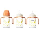 Oberni Toddler Sippy Cup 10oz, Weighted Straw Baby Drinking Water Bottle with Valved Spout for 6+ Months, 300ml/Orange/3Pack
