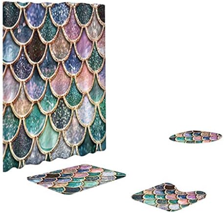 Toilet mats Set Fiaya 3Pcs /4PCS Fish Scale 3D Multicolor Polyester Bathroom Set Rug Contour Mat+Toilet Lid Cover +Plan Solid Color Bath Mats +Shower Curtain (4PCS, Fish Scale D)