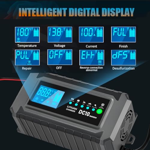 Intelligent Battery Charger 10A 12V/24V for Car and Motorcycle – Automatic LCD Charger, Winter/Summer Mode, Multiple Protection and Repair Function, for AGM, EFB, Gel Lead-Acid Batteries