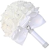 KOCNYDEY Wedding Bouquets for Bride, Wedding Bridal Bouquet Crystal Diamond Silk Roses, Bride Bridesmaid Wedding Hand Roses Bouquet Artificial Flowers Bouquet for Wedding Churches Parties (White)