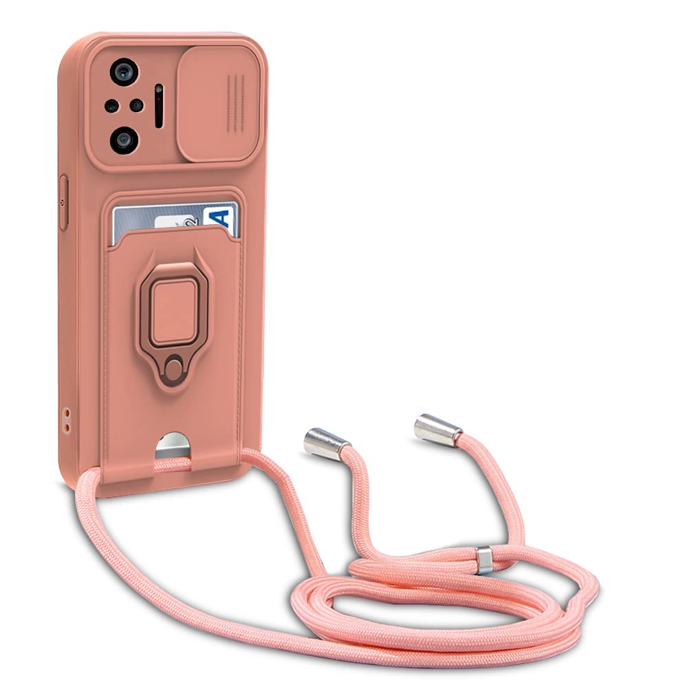 yanasuo Camera Protection Lanyard Phone Case for Xiaomi Redmi Note 10 Pro 4G/Note 10 Pro Max, Card Holder, Slide Camera Cover, Silicone Cord Strap rope Shell TPU Shockproof Bumper Cover-Pink — image 1
