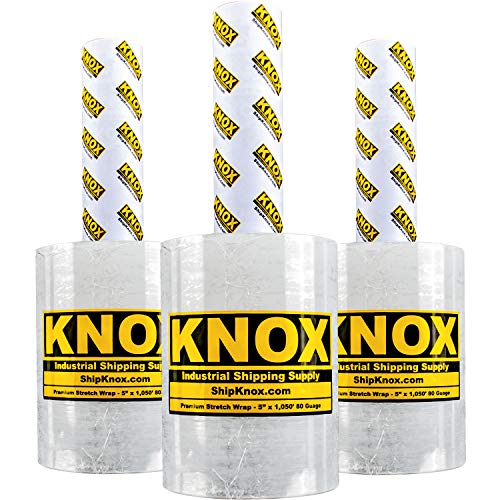 Knox Brand - Stretch Wrap 5" x 1,050' 80 Gauge Extra Thick with Handle Mini Plastic Wrap for Moving, Pallets, Furniture, Boxes Industrial Strength Clear Self Adhering (3 Pack)