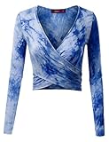 Doublju Womens Long Sleeve Deep V-Neck Tie Dye Printed Surplice Crop Top