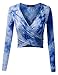 Doublju Womens Long Sleeve Deep V-Neck Tie Dye Printed Surplice Crop Top