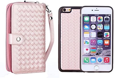 iPhone 6 Plus Purse, Bellivin Large Capacity Premium Woven Pattern PU Leather Detachable [Zipper Clutch] for iPhone 6 Plus/ 6s Plus 5.5” (Woven Pink 5.5")