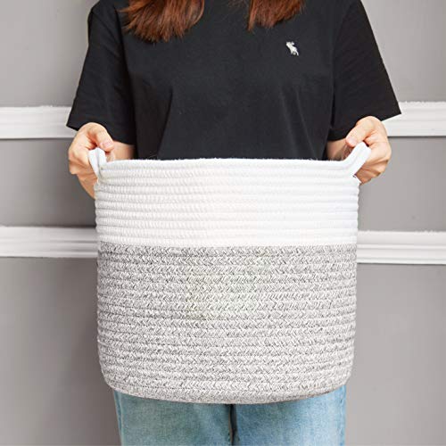 HITSLAM Woven Rope Basket with Handles, Collapsible Laundry Basket, Cotton Storage Basket for Towels Blanket Toys (Gray) - M - Thumbnail 3