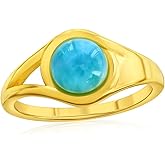 Beaux Bijoux Sterling Silver 14K Gold Plated Natural Larimar Ring - Natural Gemstone Jewelry - Round Blue Larimar Ring for Women