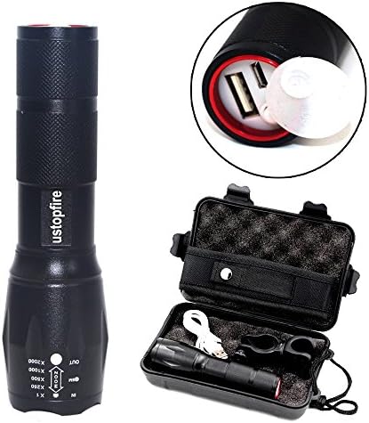 ustopfire 1200 Lumen High Powered Bright LED Tactical Waterproof Handheld Flashlight Torch with Zoomable Focus 3 Modes, USB Rechargeable Water Resistant Flashlight For Cycling Hiking Camping Emergenc