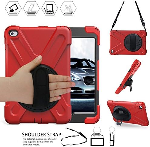 iPad Mini4 Shockpoof Case Three Layer Drop Protection Heavy Duty Armor Protective Rugged Carrying Case with 360 Degree Swivel Stand/Handle Hand Strap/Shoulder Strap for Kids iPad Mini4 Tablet Case Red