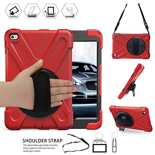 iPad Mini4 Shockpoof Case Three Layer Drop Protection Heavy Duty Armor Protective Rugged Carrying Case with 360 Degree Swivel Stand/Handle Hand Strap/Shoulder Strap for Kids iPad Mini4 Tablet Case Red