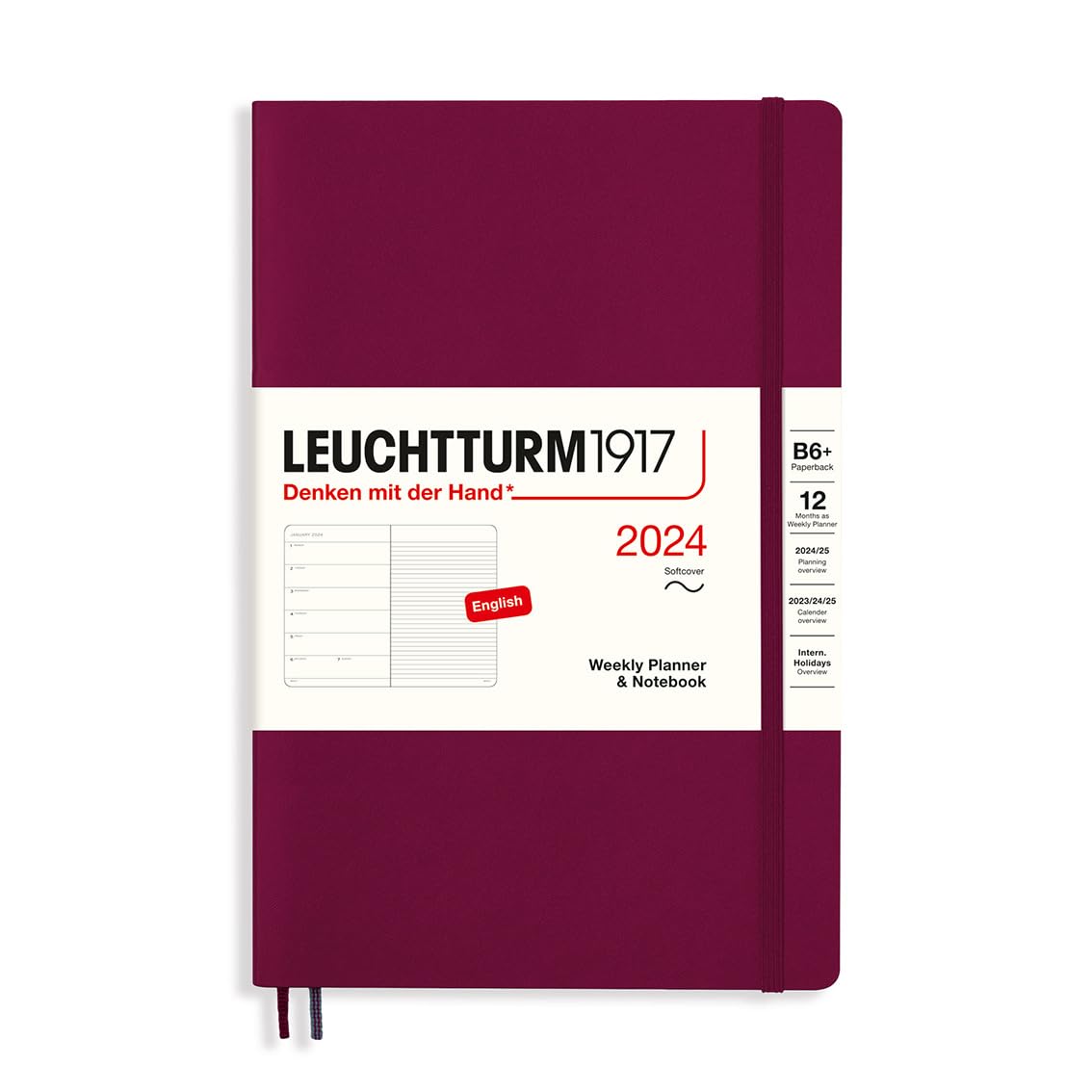 LEUCHTTURM1917 3367812 Weekly Calendar & Notebook Softcover Paperback (B6+) 2024, 12 Months, Port Red, English