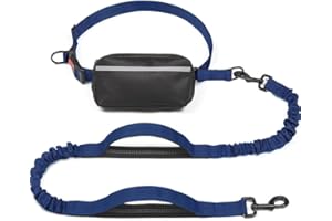 Hands-Free Dog Leash with Waist Belt and Zipper Pouch – Shock Absorbing Bungee Leash with Dual Padded Handles for Walking, Jo