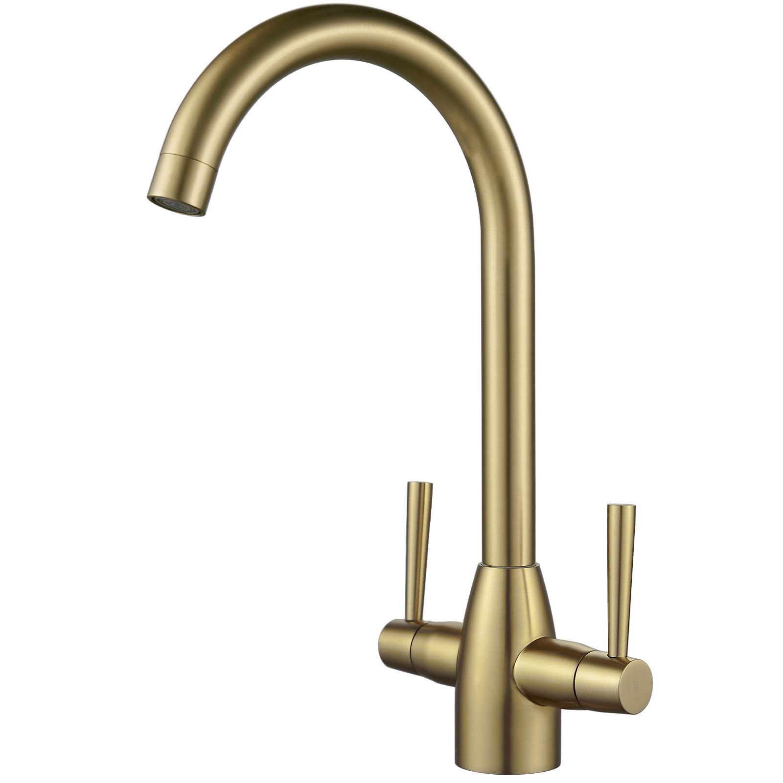 NewEast Gold Kitchen Tap, Swan Neck Kitchen Sink Tap with Swivel Spout, Dual Lever Hign Arc Kitchen Monobloc Mixer Tap