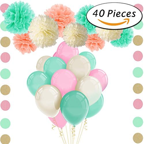 PAXCOO 40pcs Mint and Pink Balloons with Tissue Paper Flower Pom Poms