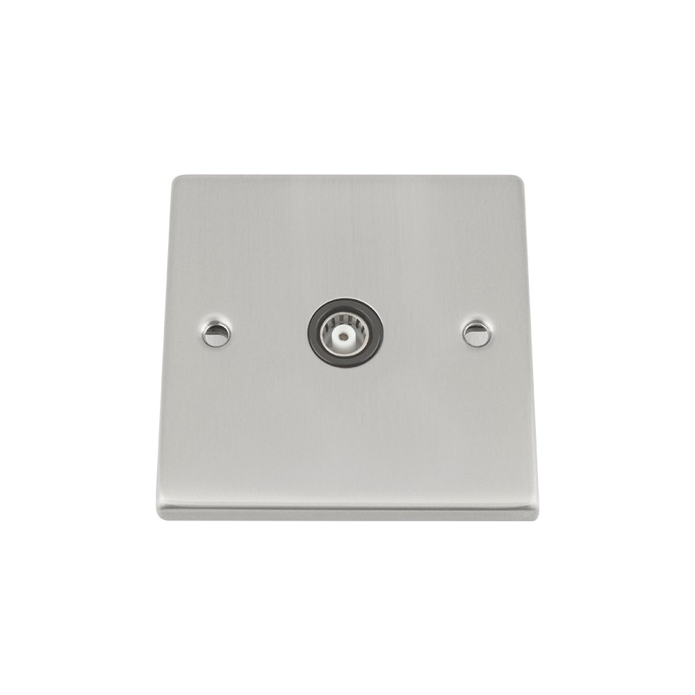 TV Coaxial Aerial Socket Single 1 Gang - Satin Chrome - Black - Square