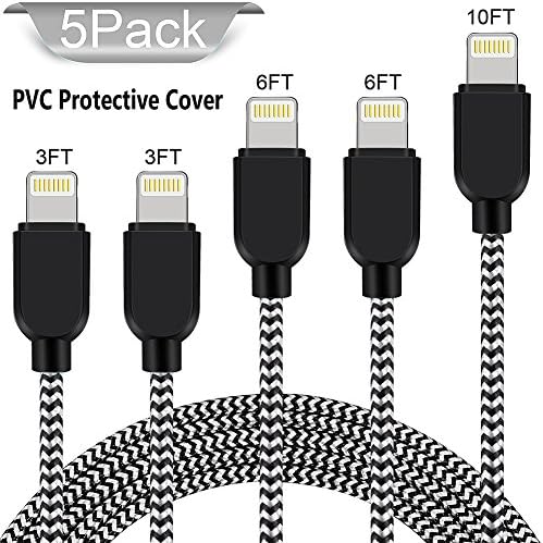 Lightning Cable, WSCSR -5 Pack[3FT 3FT 6FT 6FT 10FT] iPhone Charger Nylon Braided USB Cable for iPhone X/8/8 Plus/7/7 Plus/6/6 Plus/5s, iPad Pro Air 2 and More-Black&amp;White