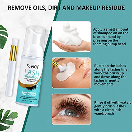Eyelash Extension Cleanser Lash Shampoo, Lash Cleanser for Extensions with Brush & Wand, Eyelash Shampoo Remove Eyelid Makeup Mascara, Paraben & Sulfate Free Eyelash Cleanser Safe for Salon & Home Use