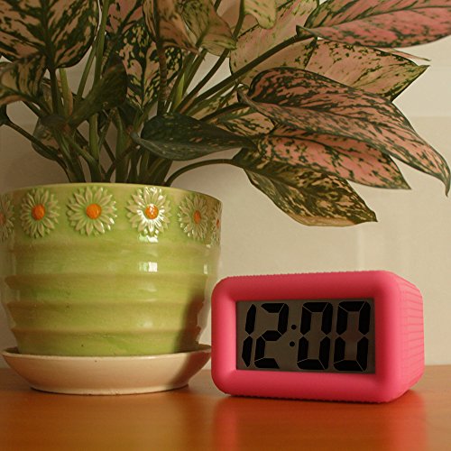 TXL Digital Alarm Clock Table Electronic Clock with Rubber Case Display Time/Alarm, Snooze/Backlight, Adjustable Light Dimmer Battery Operated Bedside Desk/Shelf Clock, Gift for Kids/Teens/Home, Pink
