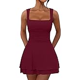 OKIFOIR Women's Ruffle Hem Square Neck Mini Dress Sleeveless Ruched Waist Short Formal Party Dresses