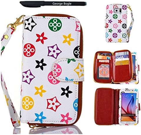 Samsung Galaxy S6 Wallet Case,Samsung S6 Case,George Bogle Floral PU Leather Zipper Purse Case and Cover for Galaxy S6 with Credit Card Holders and Detachable Wristlet Strap White