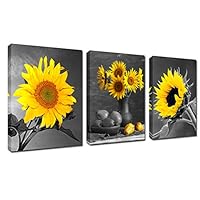 Flowers Home Wall Art Decor - 3 piece Canvas Picture Photo Print Framed Sunflower Painting Kitchen Yellow Poster Black White Office Decor Kichen Decoration Elegant Floral Stretched Artwork 12