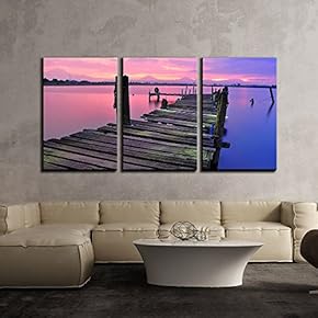 3 Piece Canvas Wall Art - Wooden Bridge Under Colorful Sky - Modern Home Art Stretched and Framed Ready to Hang - 16"x24"x3 Panels