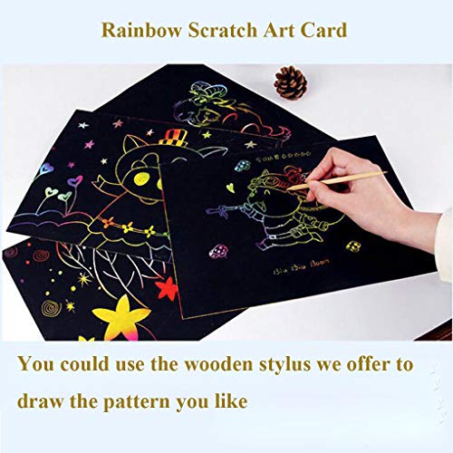 STKYGOOD Rainbow Scratch Paper Scratch Art Paper 50 Pcs Rainbow Sketch Pad Black Doodle Pad Scratch Painting with 5 Wooden Stylus 4 Drawing Molds