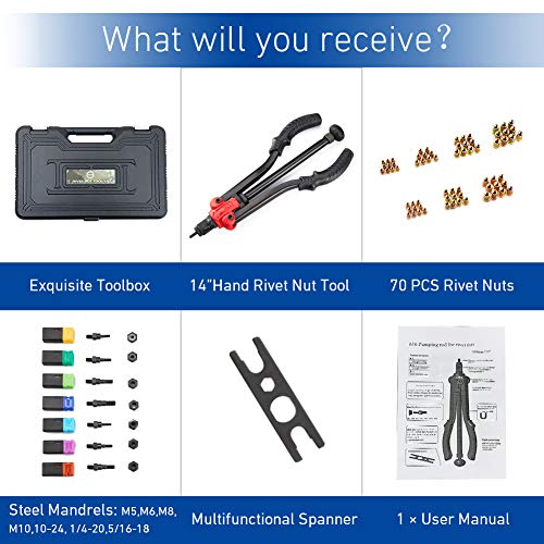 AKM 14-inch Rivet Nut Tool Hand Riveter Rivet Gun with Auto Pumping Rod Rivet Nut Setter Kit with 7Pcs Metric & Inch Mandrels,70Pcs Rivet Nut - Thumbnail 7
