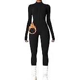 AEEZO Womens Long Sleeve Workout Jumpsuit Zip Up Yoga Rompers Sexy Tummy Control One Piece Bodycon Bottom Pants