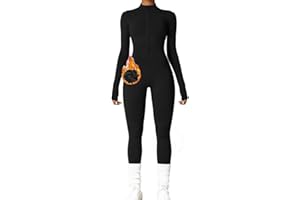 AEEZO Womens Long Sleeve Workout Jumpsuit Zip Up Yoga Rompers Sexy Tummy Control One Piece Bodycon Bottom Pants