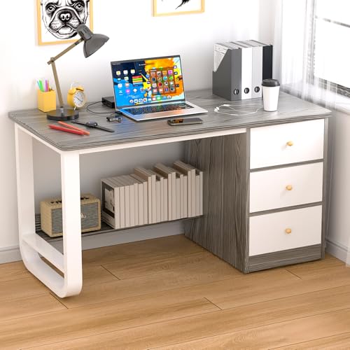 Escritorio de Oficina Minimalista,120CM Escritorio para Computadora con 3 Cajones y Estante,Escritorio de 50CM de Ancho,Escritorio de Estudio para Oficina en Casa,Estación de Trabajo Moderna