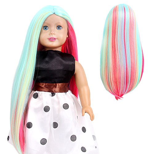 STfantasy American Girl Doll Wigs Ombre Candy Highlight Multicolor Long Straight Hairpiece