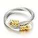COOLSTEELANDBEYOND Ladies Elastic Adjustable Steel Twisted Cable Bangle Bracelet and Ring with White Pearl