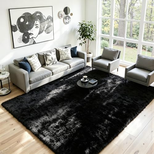 8x10 Area Rug for Living Room, Ultra Soft Fluffy Black Rugs for Bedroom, Non Slip Large Shag Carpet, Fuzzy Plush Nursery Rug, Thick Washable Indoor Floor Carpets for Kids Office Dorm Home Decor