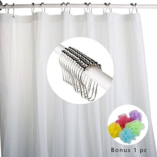 ForPeak Shower Curtain with Stainless Hooks and Sponge Set Mildew Resistant White PEVA 72 x 72 inch 12 Rustproof Polished Chrome Rings 1 Bath Mesh Pouf