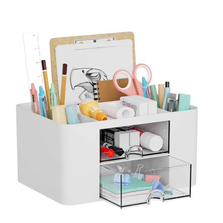 Marbrasse Desk Organiser with Drawers,Multifunctional Pen Holder with 7 Compartments,Stationary Organiser for Home Office Desk and Accessories(White)