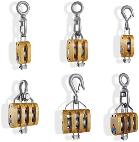 Single Hook Marine Grade Wood Tackle Block with 3-inch Sheave for 3/8-inch Rope