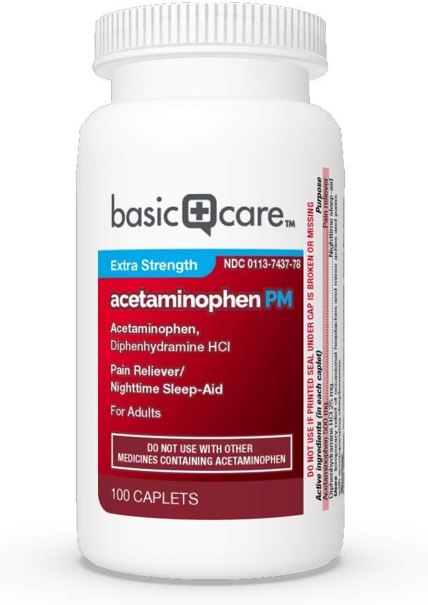 Basic Care Acetaminophen PM, Pain Reliever Plus Nighttime Sleep Aid, 100 Count: Health & Personal Care