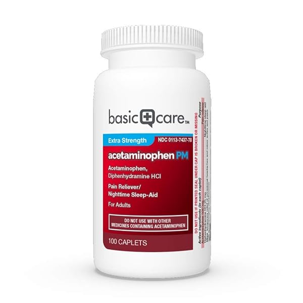 AMAZON BASIC CARE ACETAMINOPHEN PM, PAIN RELIEVER PLUS NIGHTTIME SLEEP AID CAPLET, 100 COUNT