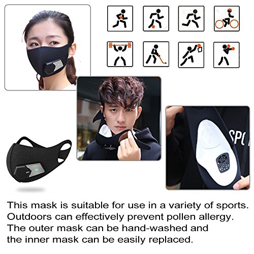 ruishenger Sport breathing electric workout Mask for outdoor,Cardio,Fitness,Running,Bicycle,Bike,Pollen Flu Season dust proof PM2.5 air clean masks (Black, Whole set)
