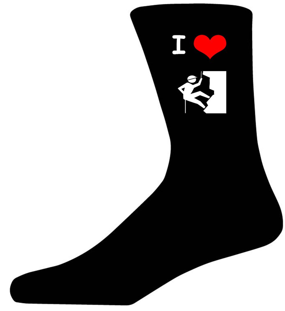 I Love Climbing Picture Socks. Black Cotton Novelty Socks. Adult UK 5-12