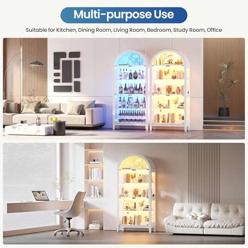 Arched 5-Tier Display Cabinet with RGB Lighting & Motion Sensor, 175 cm Tall Glass DIsplay Case with Doors for Living Room, Bedroom, Home Office, Displaying Books and Decor, White