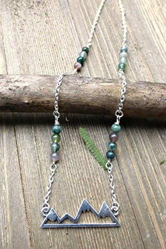 Mountain metal silver pendant, Jasper stone and silver metal chain necklace. Nature, woodland, hiker, bohemian jewelry. Handmade jewelry, jewellery. Lightweight simple necklace.