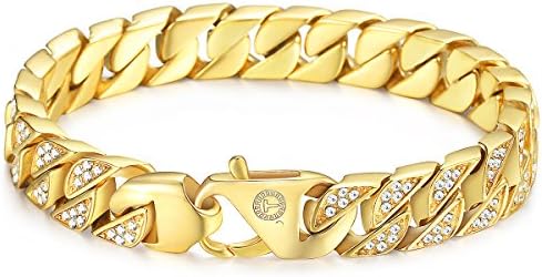 Davieslee Mens Womens Chain Hiphop Iced Out Curb Cuban 316L Stainless Steel Gold Plated Bracelet With Clear Rhinestones 9inch 23cm